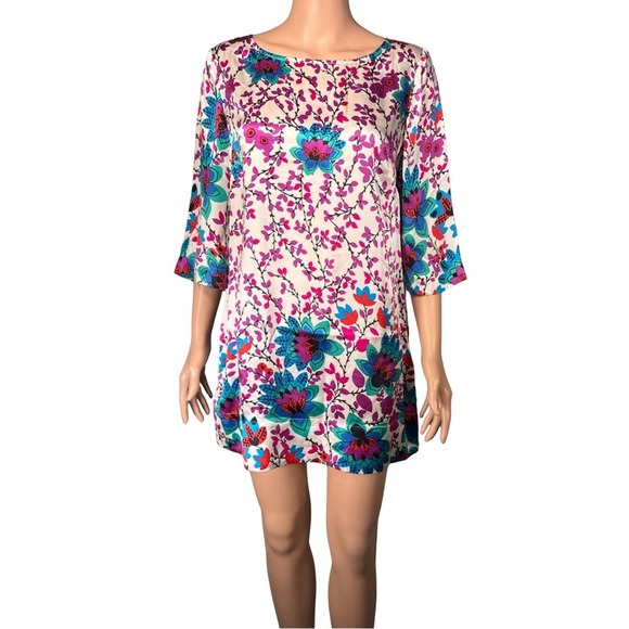 Monsoon Dresses & Skirts - Monsoon 100% Silk Floral Print Shift Dress Pink Teal Cream US 10 UK 14 EUR 42